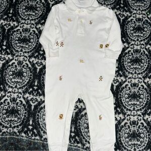 Ralph Lauren baby boy embroidered jumpsuit snap long sleeve logo Sz 12 m